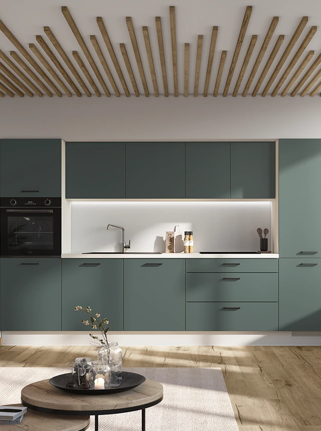 Cuisine moderne avec des placards vert foncé, un four encastré, un évier et un éclairage LED.